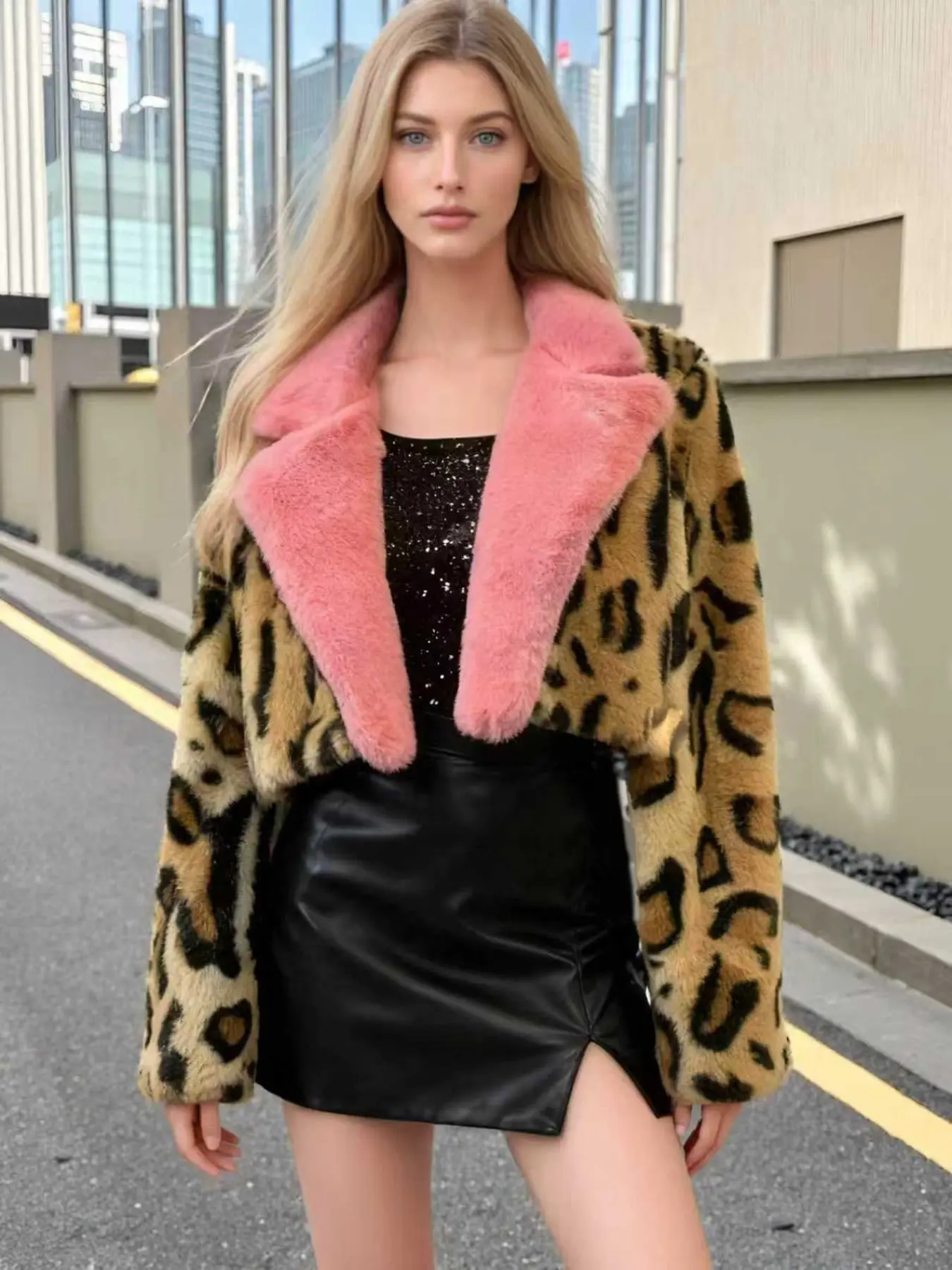 Women’s Short‑Length Overcoat with Leopard Print Faux Fur Collar, Plush Soft Chic Outerwear, Sophisticated Statement Piece for Fall Winter Street Style & Night Party Occasions