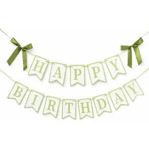 Green Happy Birthday Banner with Satin Bows,  Bow Birthday Decor | Bow theme party decor for  birthdays, cake table and photo backdrops.