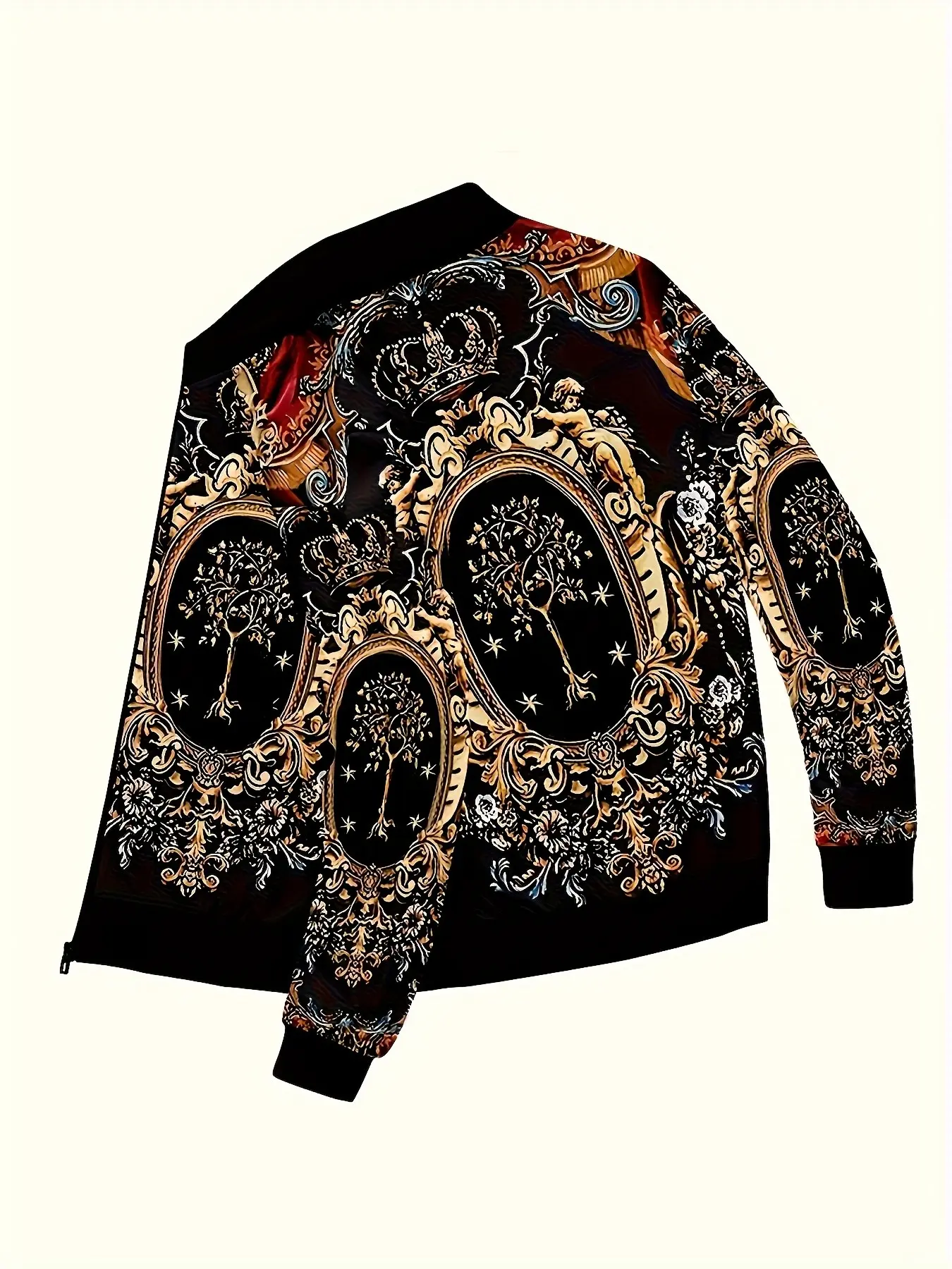 Baroque Crown Angel Print Baseball Jacket, European Vintage Court Pattern Zipper Streetwear Coat, Casual Loose-Fitting All-Season Outerwear