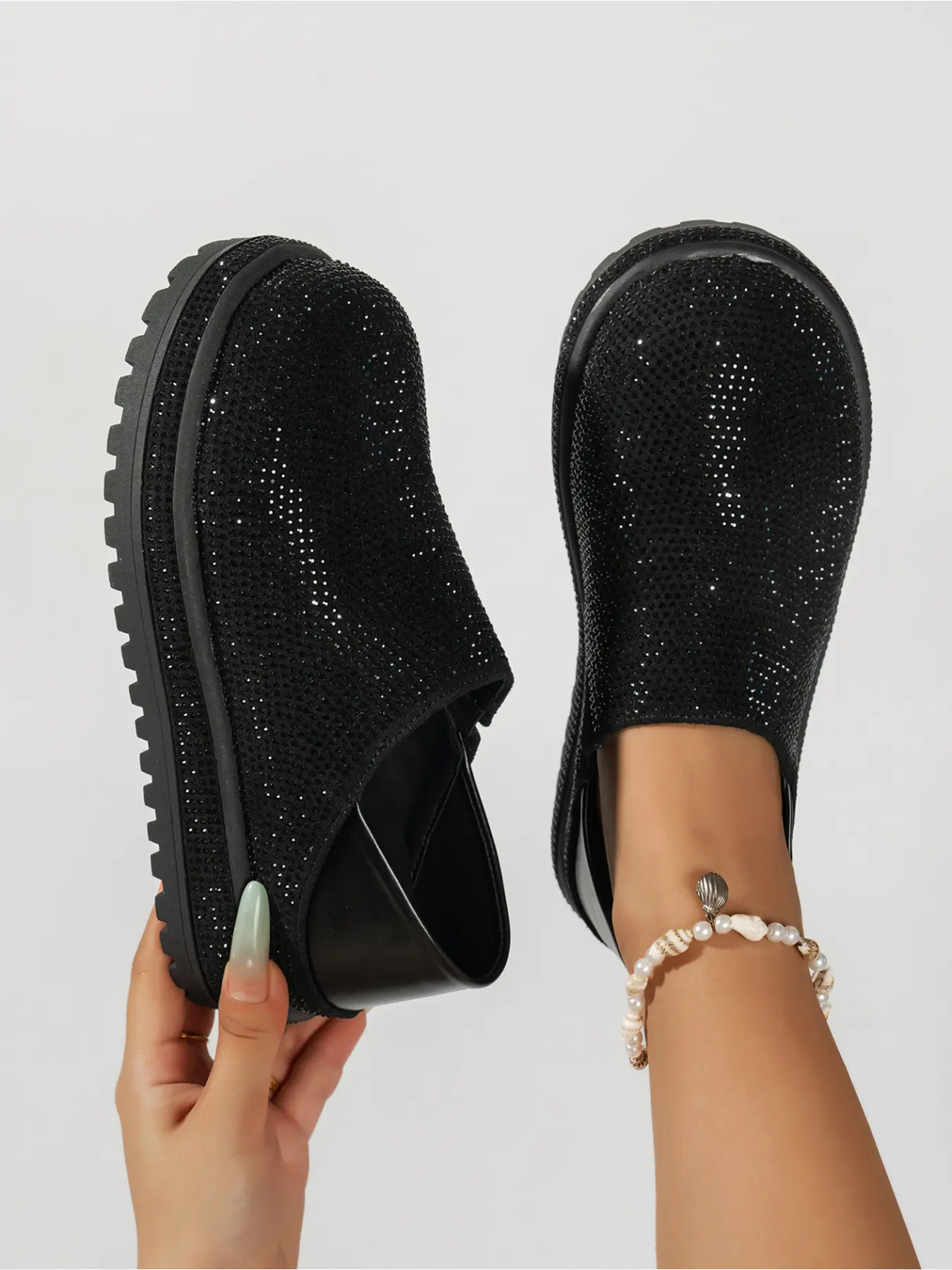 Women's Shoes Sparkly Rhinestone Lug Sole Slip On Shoes, Retro Tone Platform Elevated Clogs Comfort Casual Walking Mules