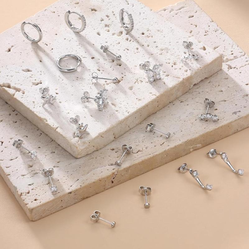 Versatile 20 Pcs Shining Sterling Silver Stud Earrings for Women Multiple Piercing 20G Dainty Heart Butterfly Star CZ Stud Earring Hypoallergenic Hoop Earrings Studs Cartilage Earring Sets Stacks for Women Men Christmas Gift