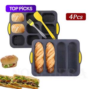 silicone baguette baking mold, 4 counts/set including 2 counts baguette food baking pan with spatula & oil brush, heat resistant bakeware non-stick baking mold for home kitchen house, baking supplies
