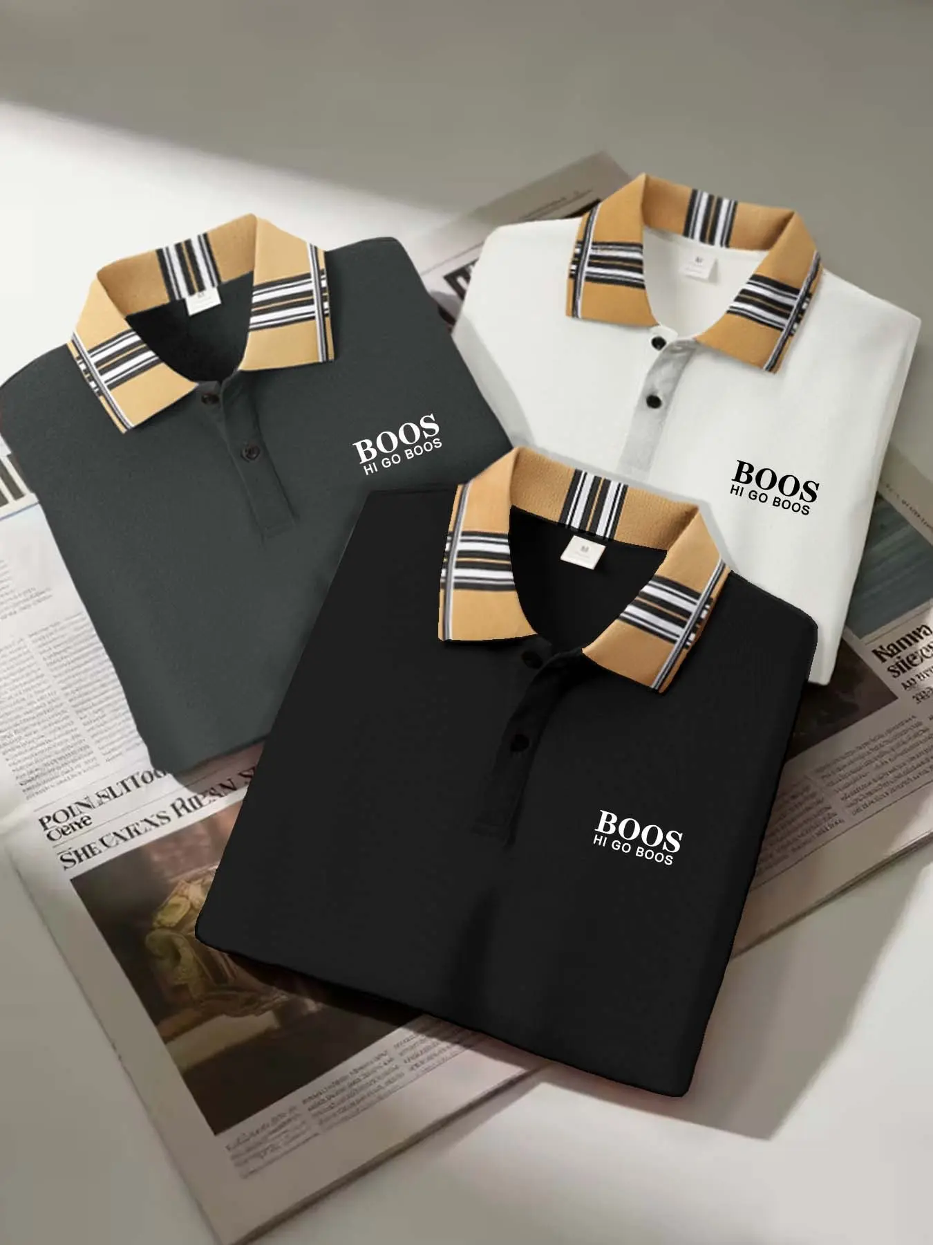 Men's Casual Short Sleeve Shirt Set, British Style Golf Clothing, Outdoor Sports Polo Shirts, Fitted Plain Design, 3pcs