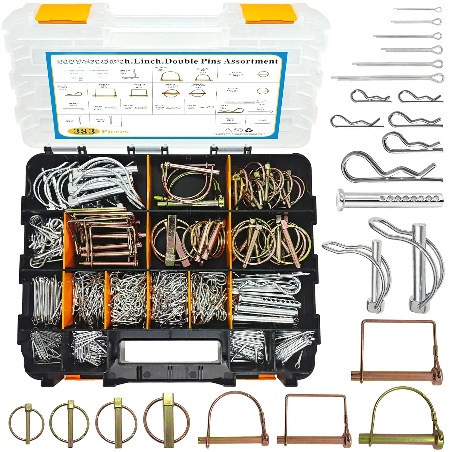 383 PCS Heavy Duty Pin Assortment Kit, Hitch Pins R Clip PIns/Hair Pins/Lynch Pins /PTO Pins/Clevis Pins/Cotter Pins for Trucks Trailers Tractors Mowers 3 Point Accessories, Farm,Lawn and Garden