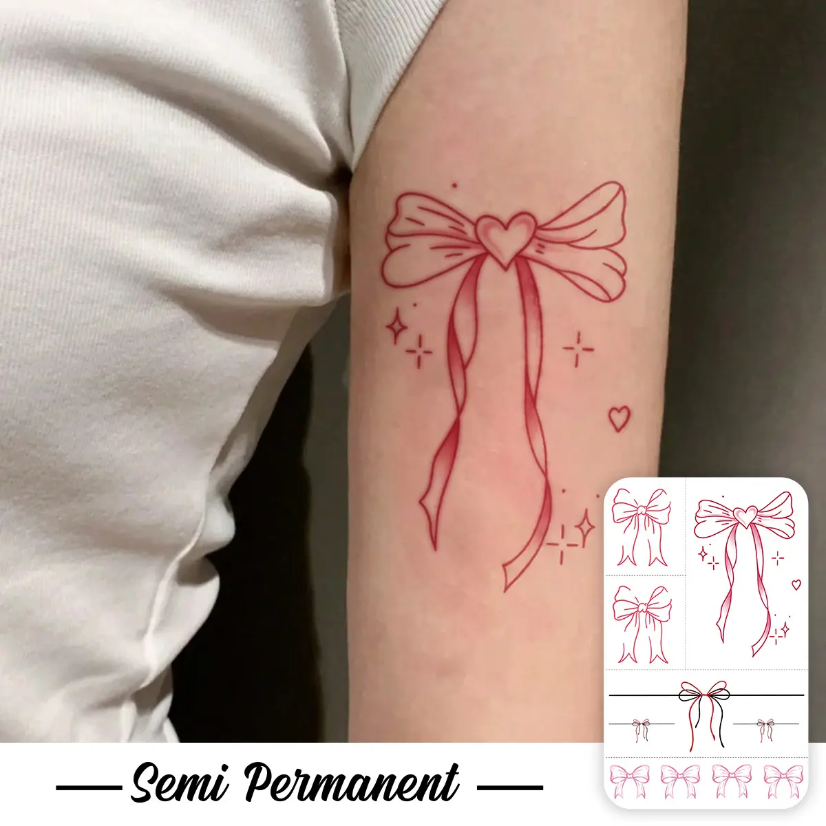 4PC Herbal Semi Permanent Tattoo Sticker, Trending Sweet Pink Heart Bowknot Tattoo Decal, Realistic Faux Ink Skin Print, Waterproof Long Lasting Decor for Forearm Wrist