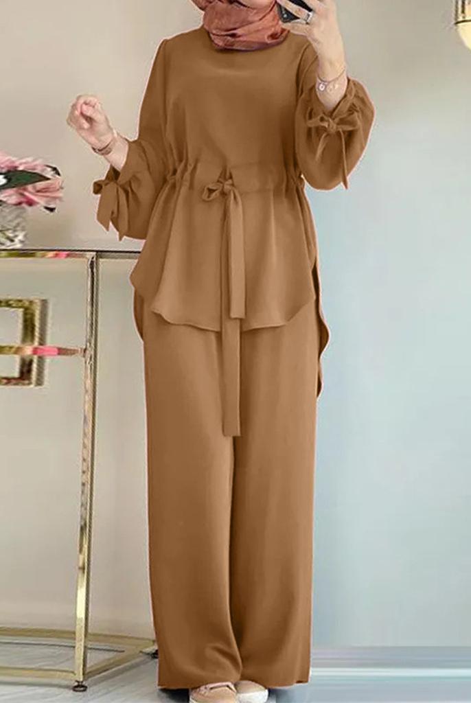 Middle Eastern Muslim Two-Piece Set: Solid Color Drawstring Tie-Up Top and Wide-Leg Pants for Women, Elegant Arabian Outfit with Round Neckline, Modest Fashion, Casual Wear, Stylish Ensemble, Elegant Design, Breathable Material, Lightweight Fabric, Muslim