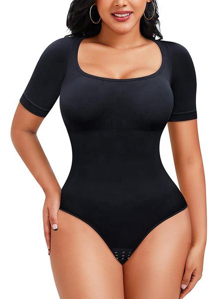 Women's Seamless Square Neck Short Sleeve Shapewear, Casual Breathable Fabric Seamless Sculpting Bodysuit, Regular Fit, All Seasons, Comfortable Inner Layer Top