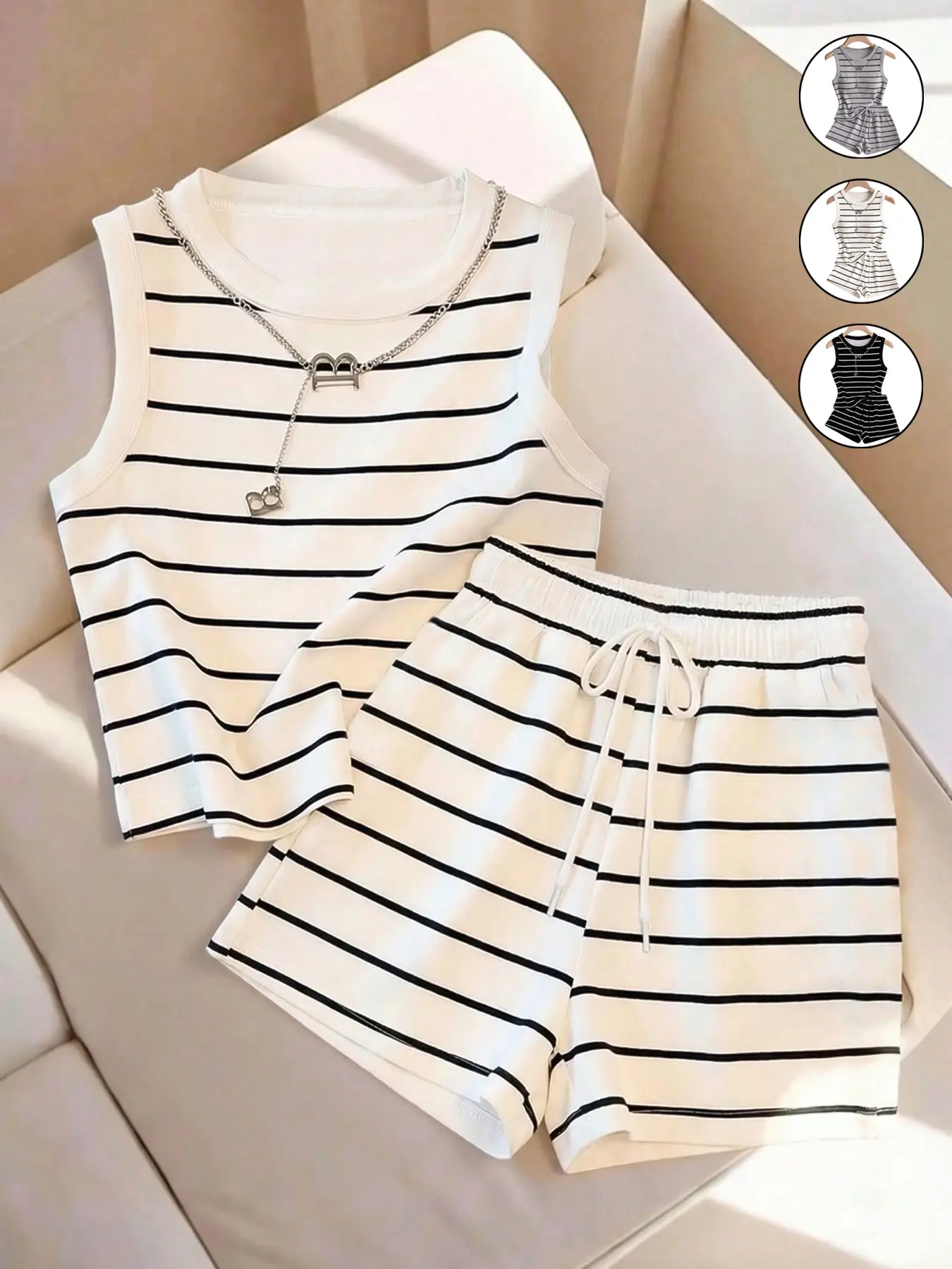 2pcs/Set Women's Striped Round Neck Tank Top And Shorts Casual 2 Pieces Set, Comfortable and Versatile, Perfect for Daily Wear and Relaxing Days