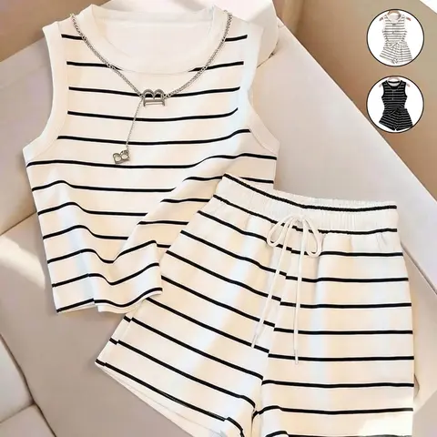 2pcs/Set Women's Striped Round Neck Tank Top And Shorts Casual 2 Pieces Set, Comfortable and Versatile, Perfect for Daily Wear and Relaxing Days, Striped Clothing Set