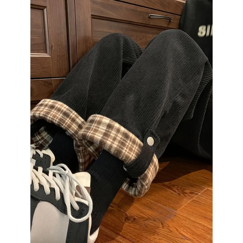 Fashion men's wear: Men's Casual Corduroy-Textured Wide-Leg Pants with Plaid Contrast Cuffs - Beige & Brown All-Season Straight-Leg Trousers, Machine Washable for Casual Attire