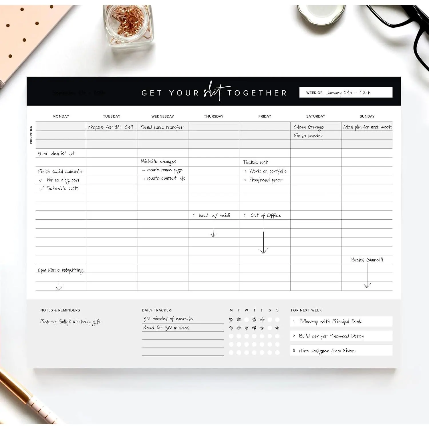 Get Your Stuff Together Weekly Work Planner - 8.5 x 11 Inch Undated Daily Planner with 52 -Off Pages, Weekly  Notepad for Effective Task Management,  Owned Busines