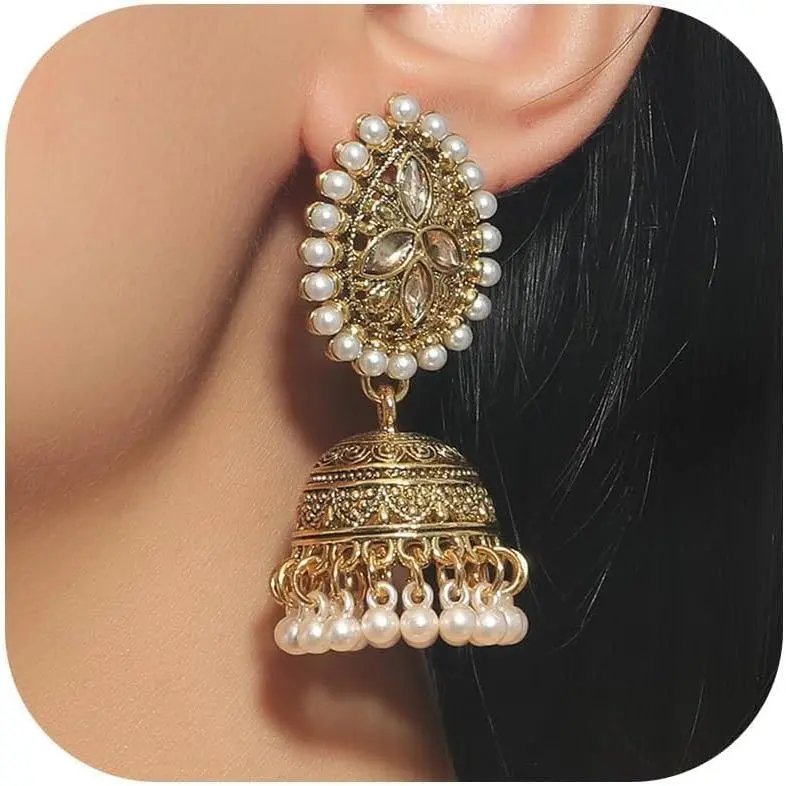 Jhumkas Indian Earrings for Women Chandelier Bollywood Boho  Women | Ethnic earrings match indian attire for women during bollywood wedding parties folklorico dance and bohemian festivals