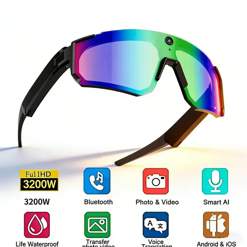 Multi functional motion intelligent eyes, with 8MP Camera , Anti-Shake Video AI Glasses,4GB Memory Build-in, TR Frame, IP64 Waterproof,260Mah Battery Sunglasses ,Support AI Translation WiFi-Transfer Sports Glasses