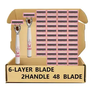Six-Layer Precision Stainless Steel Women's Razor Set, 2 Handles + 48 Replacement Heads, Bikini Hair Remover, Facial and Body Grooming Tool