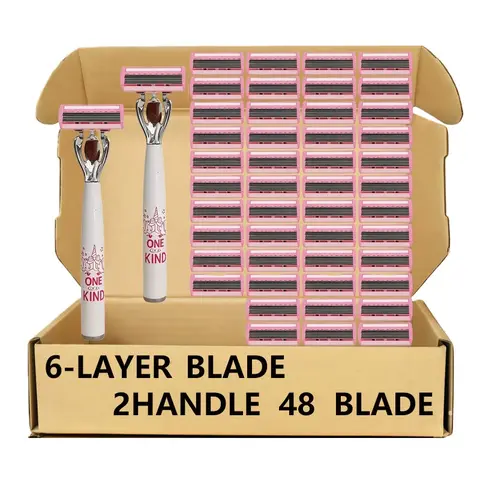 Women's Six-Layer Precision Stainless Steel Razor Set, 2 Handles and 48 Replacement Blades, Tools for Bikini Hair Removal, Facial and Body Grooming