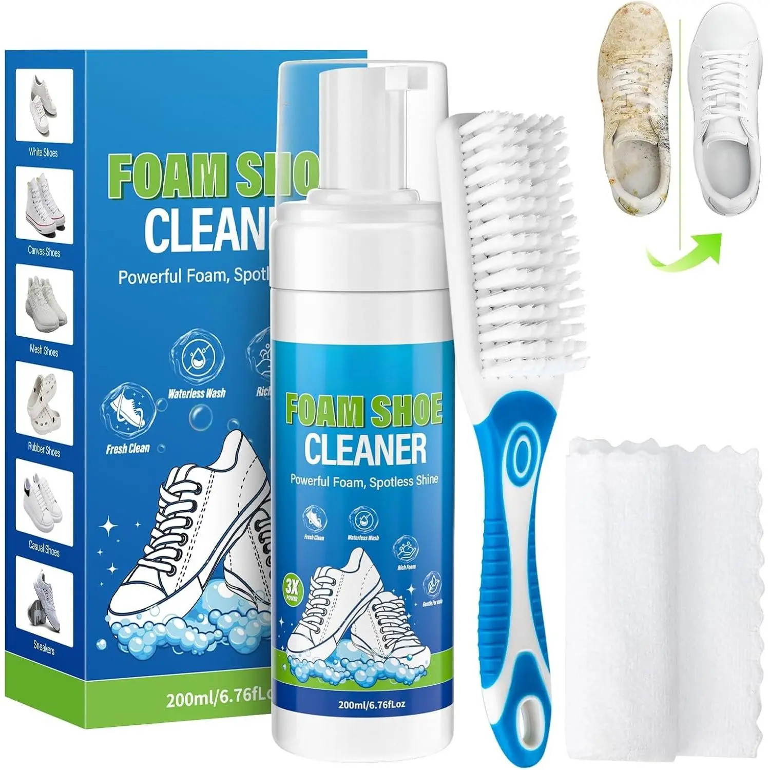 Shoe Cleaner, 6.76 Oz White Shoe Cleaning Kit with Brush & Towel | Sneaker Cleaner  Removes Dirt & Stain for Tennis Shoe, PU Leather