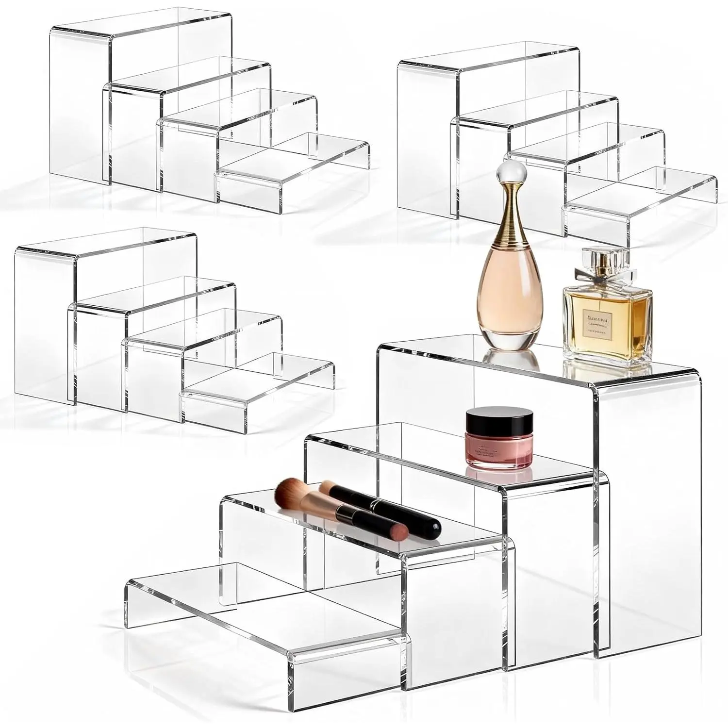 16 Pcs 4 Set Acrylic Risers 4 Sizes(7" L~9" L) Riser Display Shelf Cupcake Stand Display Cabinet Clear Rectangular Display Stands Set for Figures, Jewelry, Perfume, Dessert Table Display