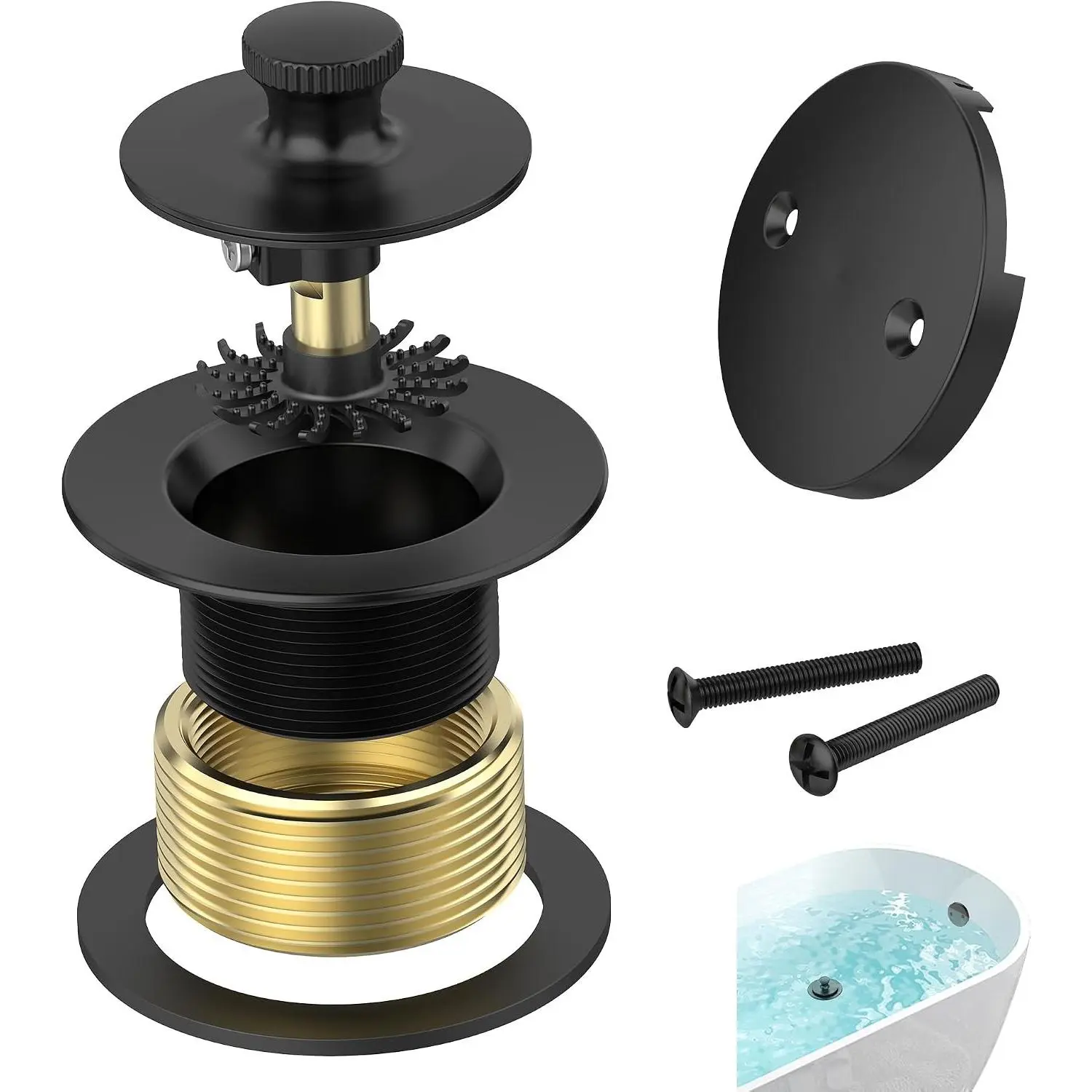 Matte Black Bathtub Drain, Hair Catcher and 2-Hole Overflow Faceplate, 11.5/16 UNC, Lift and Turn Bathtub Drain Replacement, Tub Drain Stopper