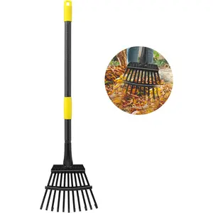 Leaf Rake for Gardening, Adjustable Metal Garden Rake for Leaves Long Handle 30-60", 11 Tines 9" Wide Small Lawn Collapsible Yard Adult  Rake for Camping Flower Beds Mulch Shrub