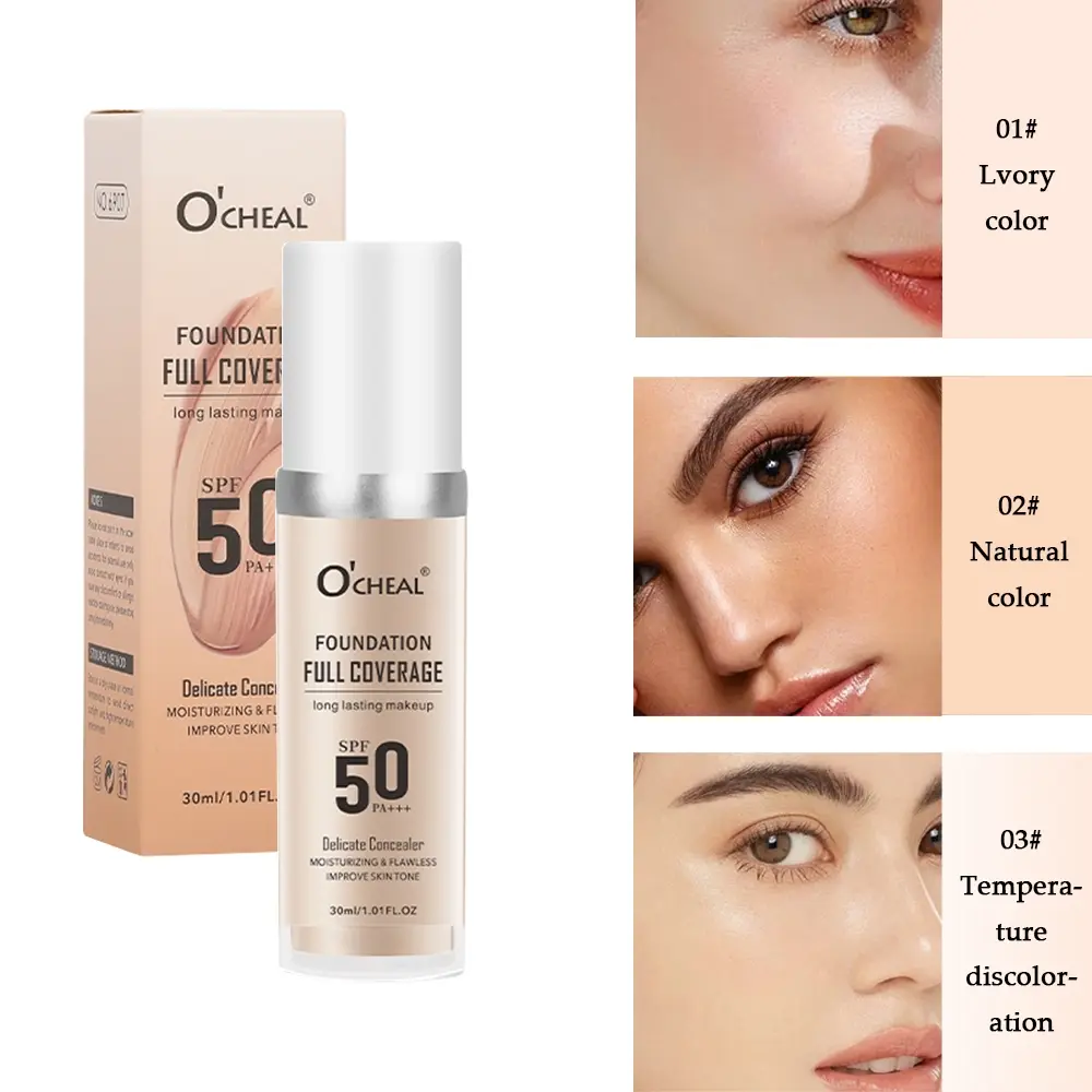 Full Coverage Liquid Foundation with SPF50 PA+++, Long Lasting Moisturizing Hydrating Moisture Concealer Foundation, Natural Color Changing Flawless Base Makeup, Oil Control Even Skin Tone, 3 Shades Ivory/Natural/Color Changing for All Skin Types