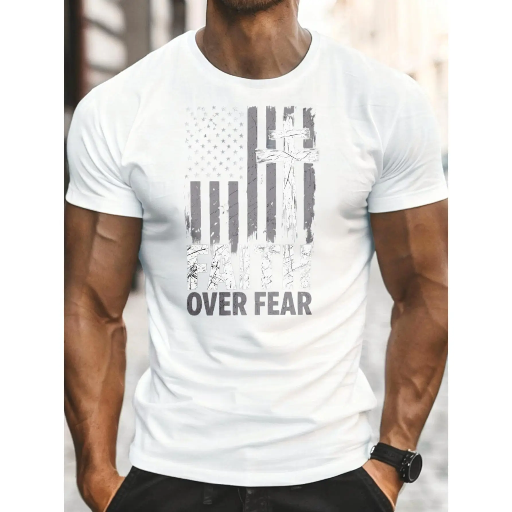 Casual, Men's T-Shirt, American Flag With Cross And Faith Over Fear Text, Everyday Wear, Gift For Religious Men