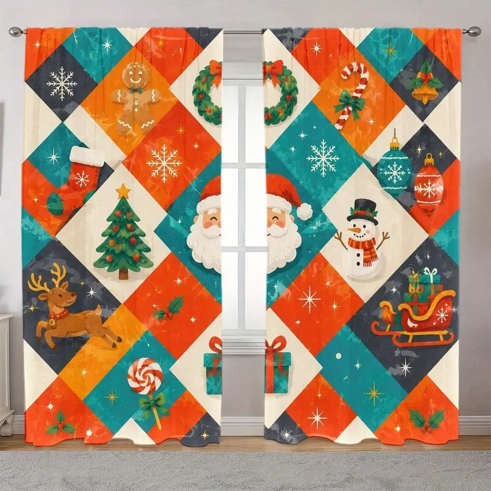 2-Pack Christmas Window Curtains, Santa Reindeer Snowman Floral Pattern, Privacy Sunshade, Semi-Transparent Rod Pocket Design