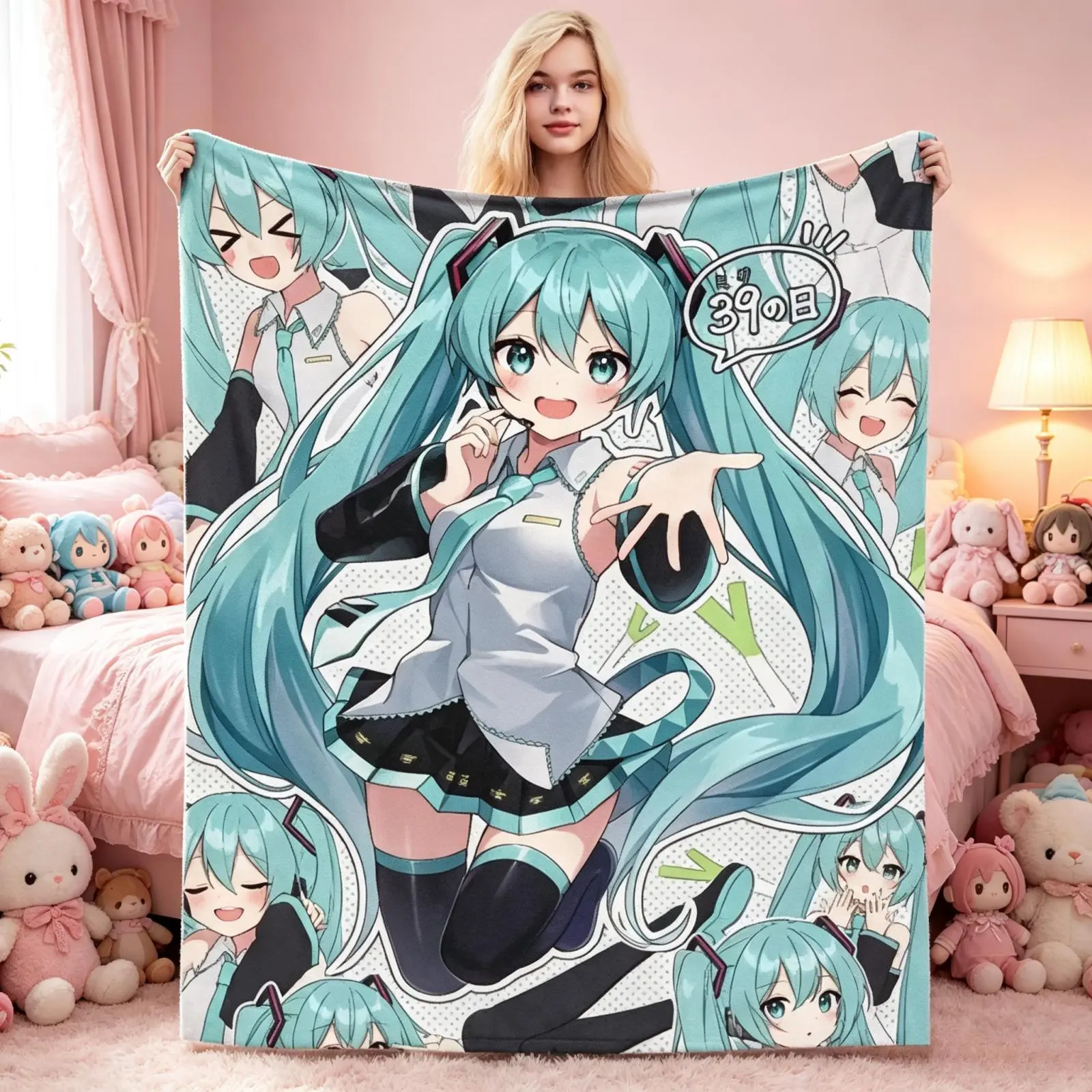 Vocaloid Kawaii Hatsune Miku Themed Flannel Throw Blanket, Anti-Pilling Soft Fluffy Breathable Multi-Functional Cover, Full Illustration Collage Manga Panel Twin Tail Print, for Bedroom/Sofa Indoor/Outdoor Use
