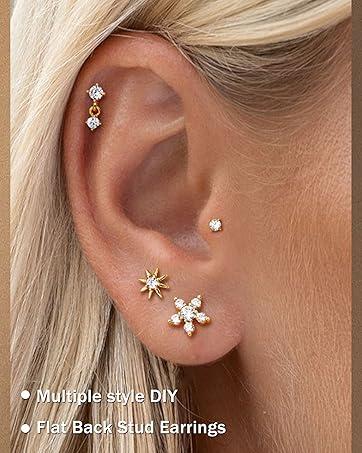 Sanfenly 9Pairs Threadless Flat Back Earrings Studs 316L Surgical Steel Push in Nose Studs Rings CZ Tragus Cartilage Helix Conch Labret Lip Nostril Medusa Piercing Jewelry Hypoallergenic 20G 18G 16G