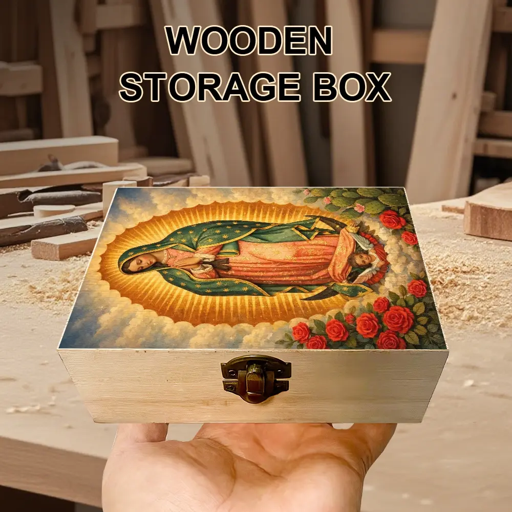1Pc Wooden Storage Box, Gift Storage Box, Prayer Box with Virgin of Guadalupe Illustration, Keepsake Box Trinket Organizer for Home Decor, Personal Memento Storage, Spiritual Item Organization, Rustic and Devotional Home Decor