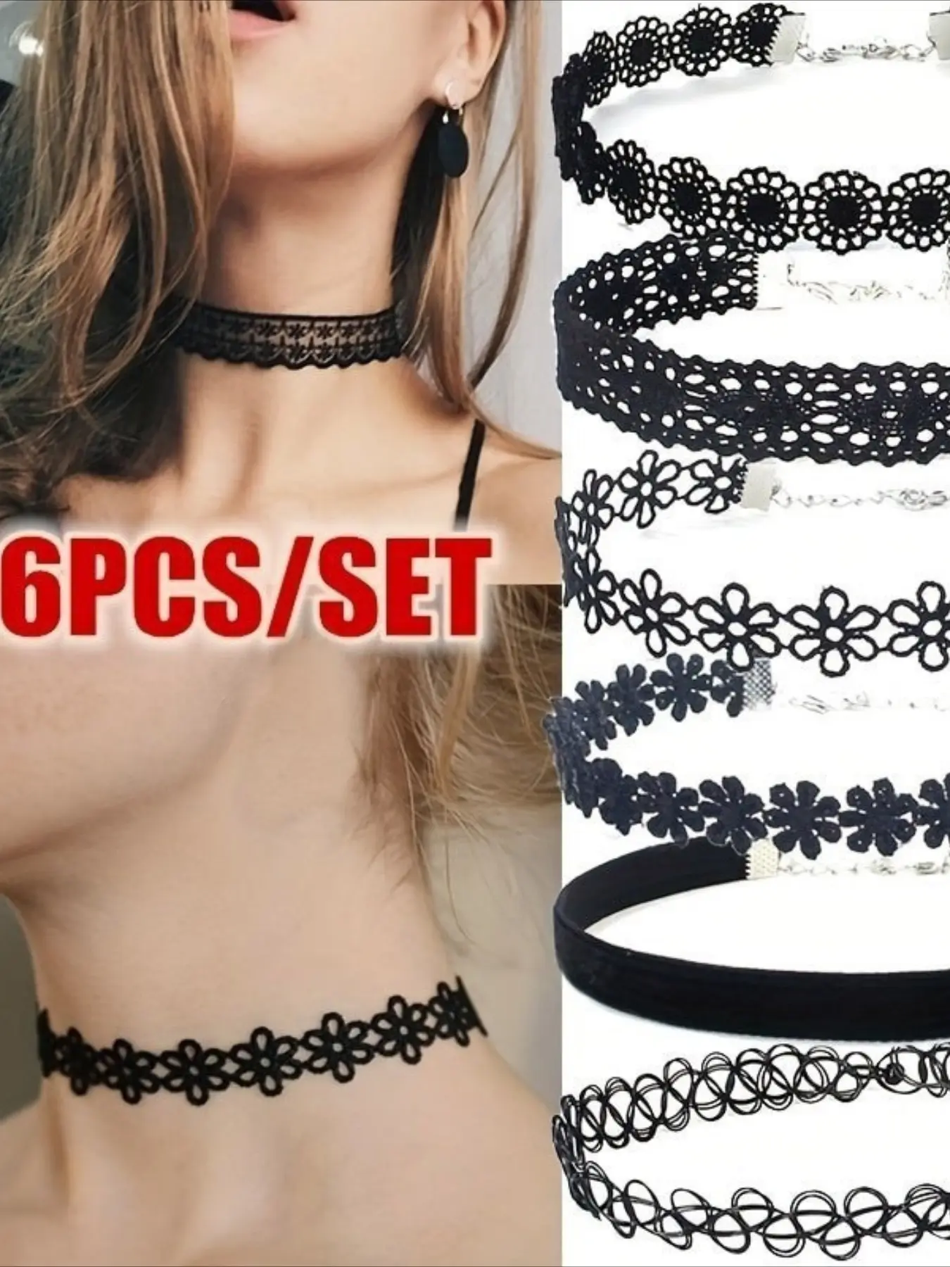 6 pieces black collar necklaces for women - chokers, collar necklaces, neck straps, necklaces, short lace necklaces