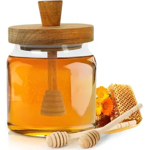 Honey Pot with Dipper and Lid - 18oz Glass Honey Jar with Wooden Honey Dippers Stick Set, Wide Mouth Airtight Honey Container Syrup Dispenser for Home Kitchen