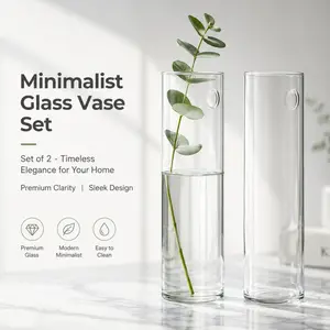 Set of 2 Minimalist Clear Glass Vases, Tall Cylinder Wall-Mounted Flower Vases, Modern Decor for Home, Wedding & Office, Transparent