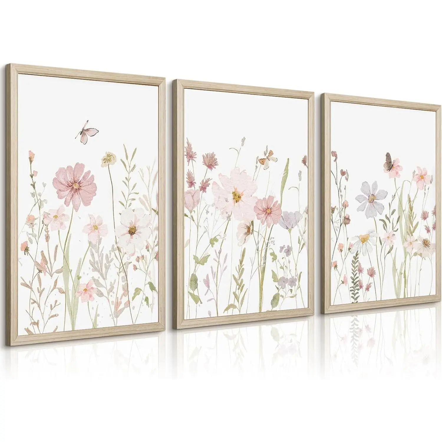 12x16x3 In Cotton Framed Baby Girl Nursery Wall Art - Waterproof, Artistic Pink Watercolor Botanical Floral Decoration Set, Boho Vintage Bedroom Canvas Wall Decor