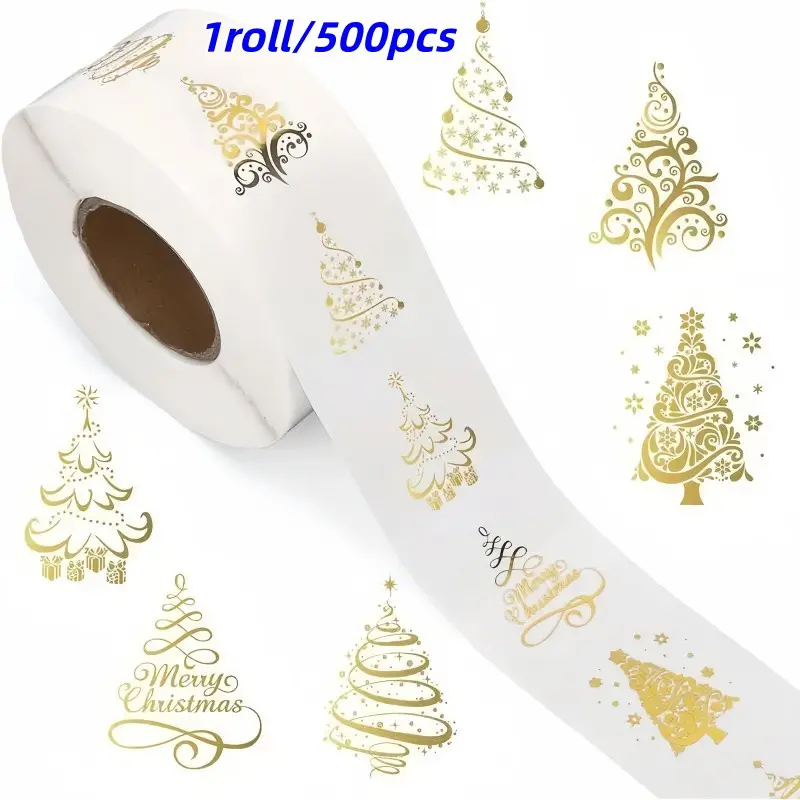 Christmas Stickers Roll, 500 Sheets, 6 Designs, Glossy Holiday Decor, Card & Gift Wrapping, DIY Festival Theme, High-Quality