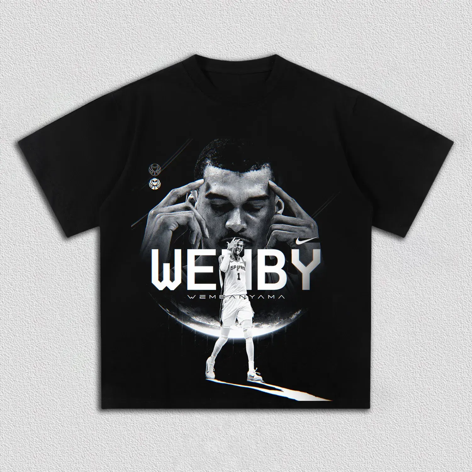 Black Washed Vintage Boxy Oversized Unisex T-Shirt |   WEMBY Victor Wembanyama Spurs Head Portrait Hand Gesture Match Figure Crescent Moon Background Minimal Logo Retro Grunge Basketball Bootleg Streetwear Short Sleeve Tee