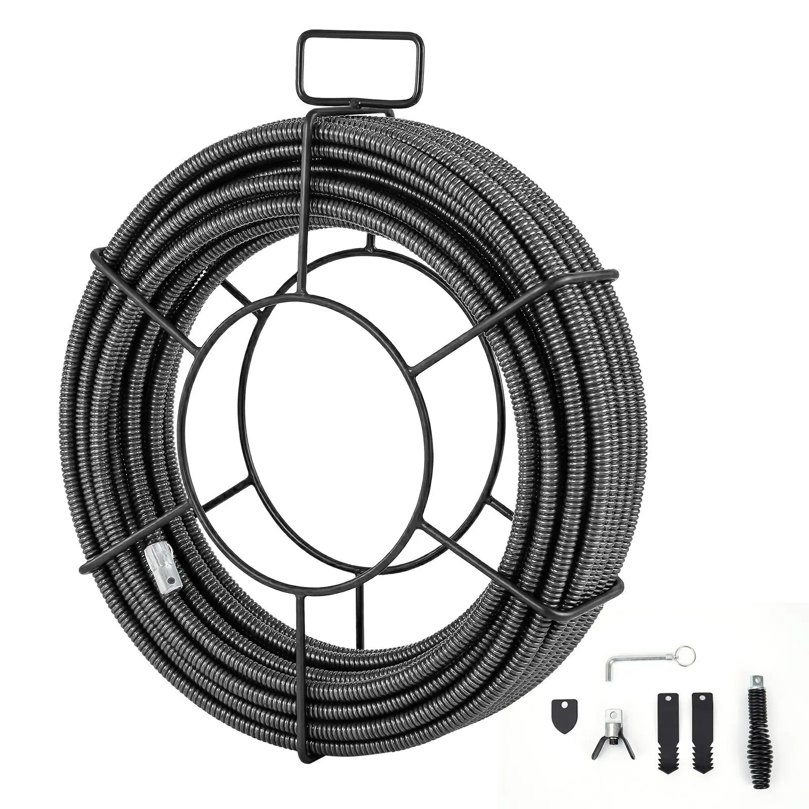 Heavy Duty Solidified Core Sewer Snake Cable - 4 Cutter Attachments - Spiral Auger for Pipe & Drain Clog Cleaning - Compatible with Electric Drain Cleaner Machines, Plumbing Tools
