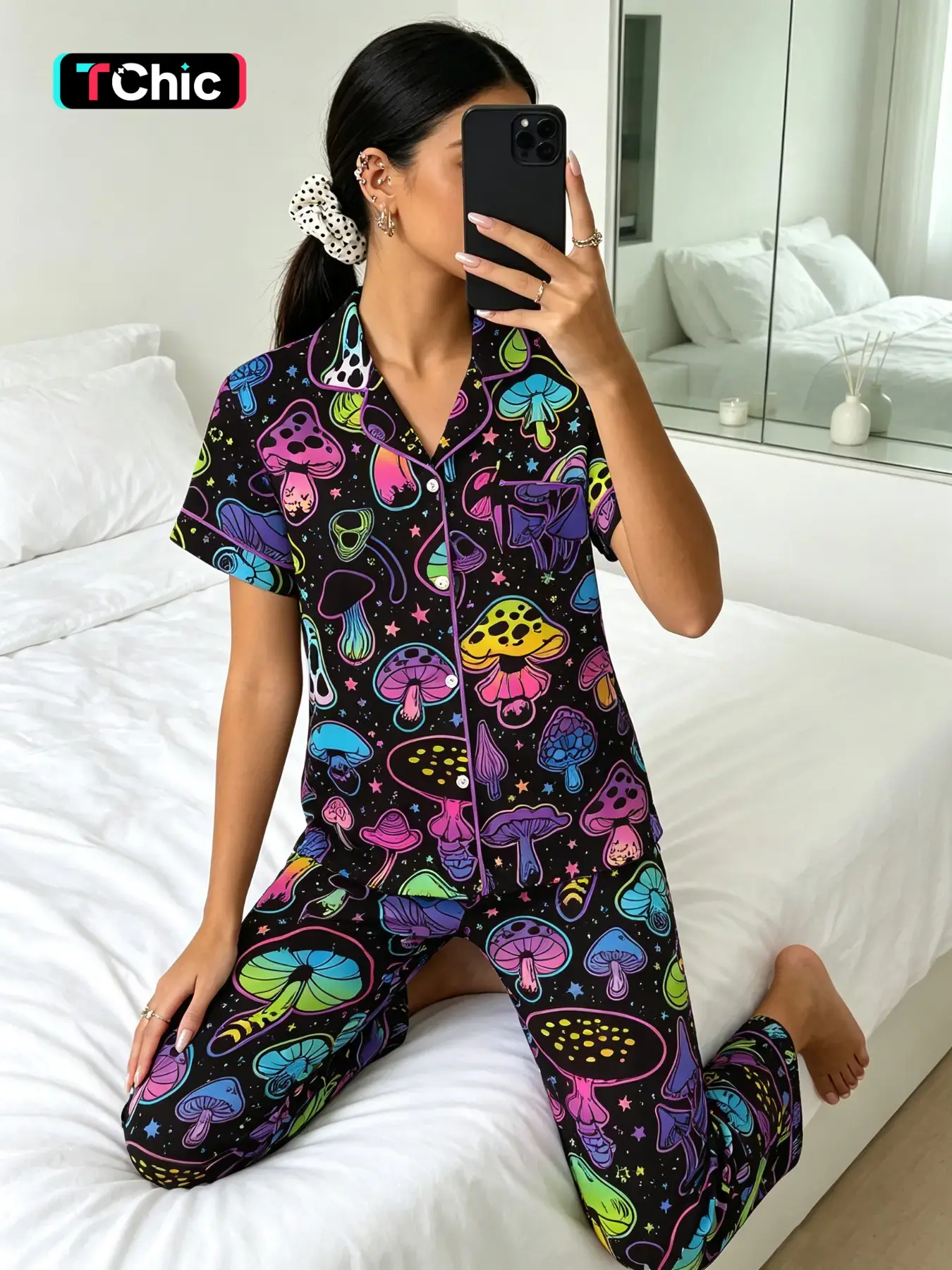 Women's Short Sleeve Pajama Set, Ankle Length Loose-Fit Sleepwear, Breathable All-Over Print, Casual Home Wear for All Seasons