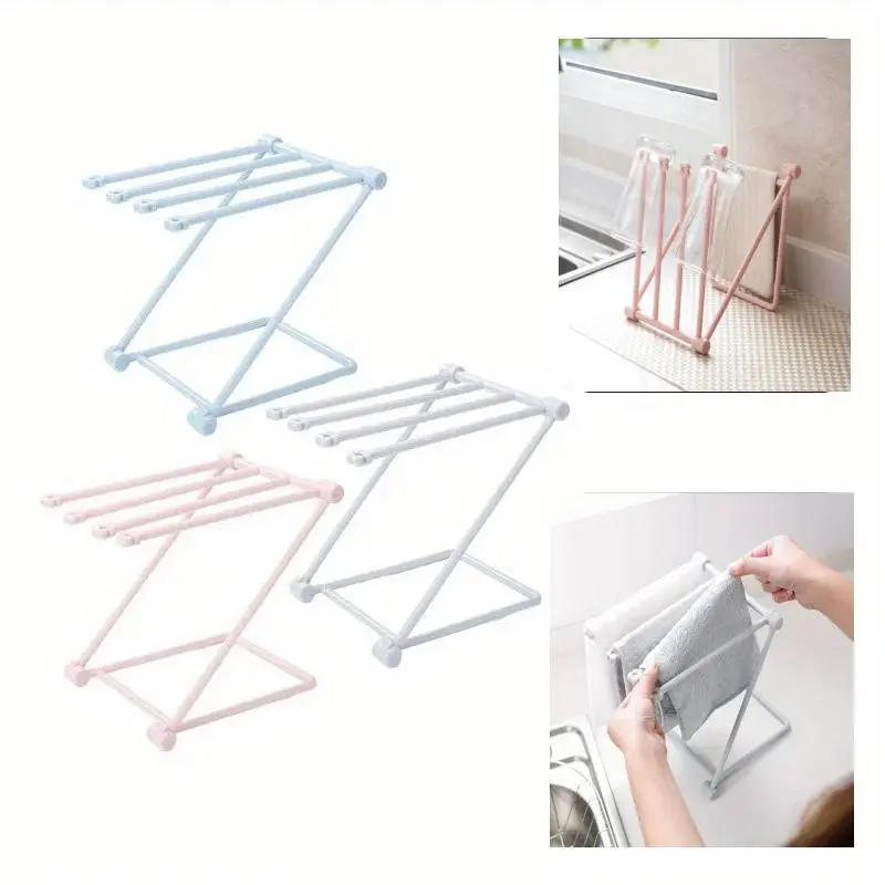 Plastic Foldable Desktop Towel Storage Rack - Home Supplies, Space-Saving Vertical Kitchen Dishcloth Hanger, Multifunctional Countertops Water Cup Holder with Universal Mount, Accessories, 1-Layer