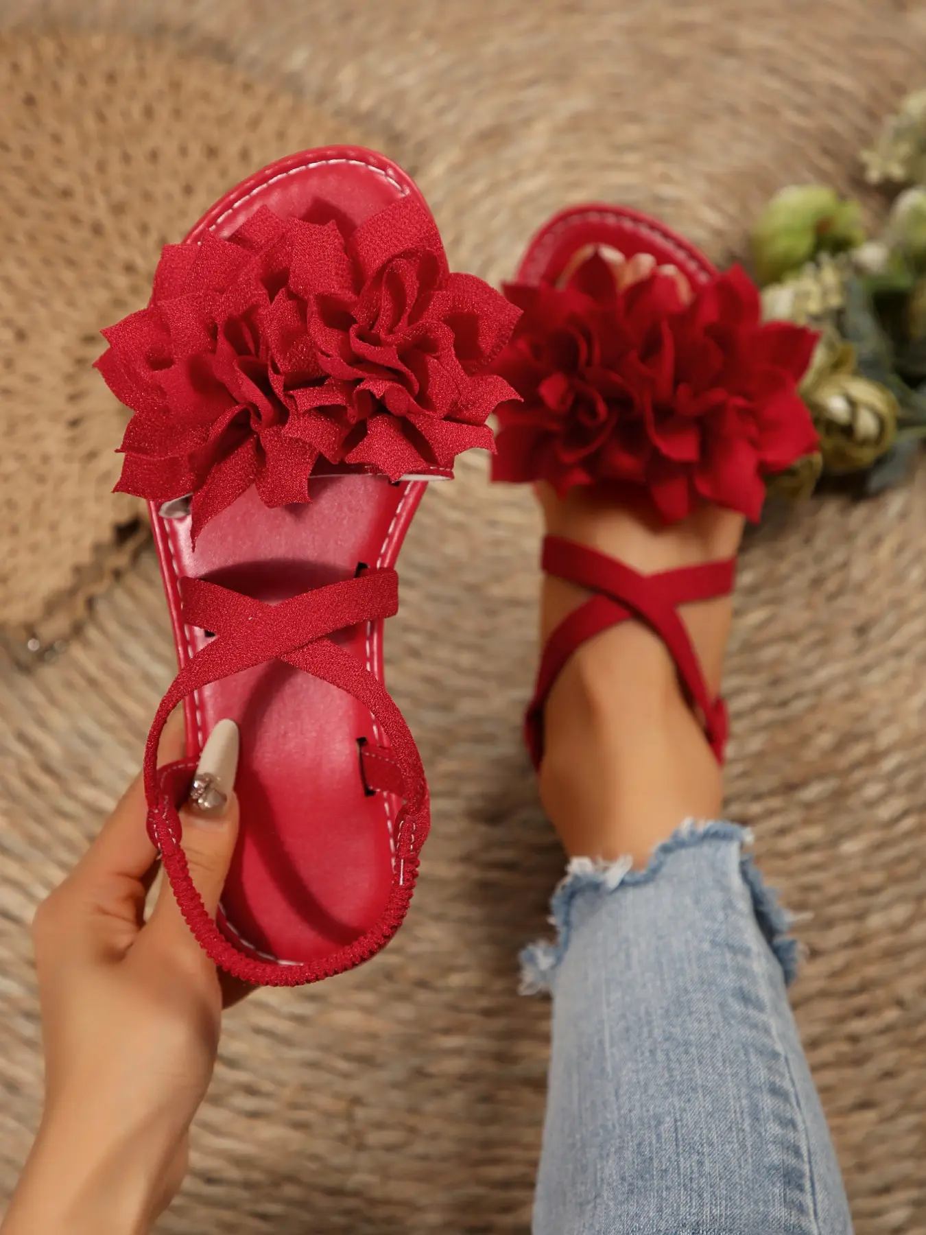 3D Flower Strap Sandals, Cross Elastic Thin Straps with Plush Fabric Large Flowers, Bright Colors, Soft Sole, Comfortable, Casual Style