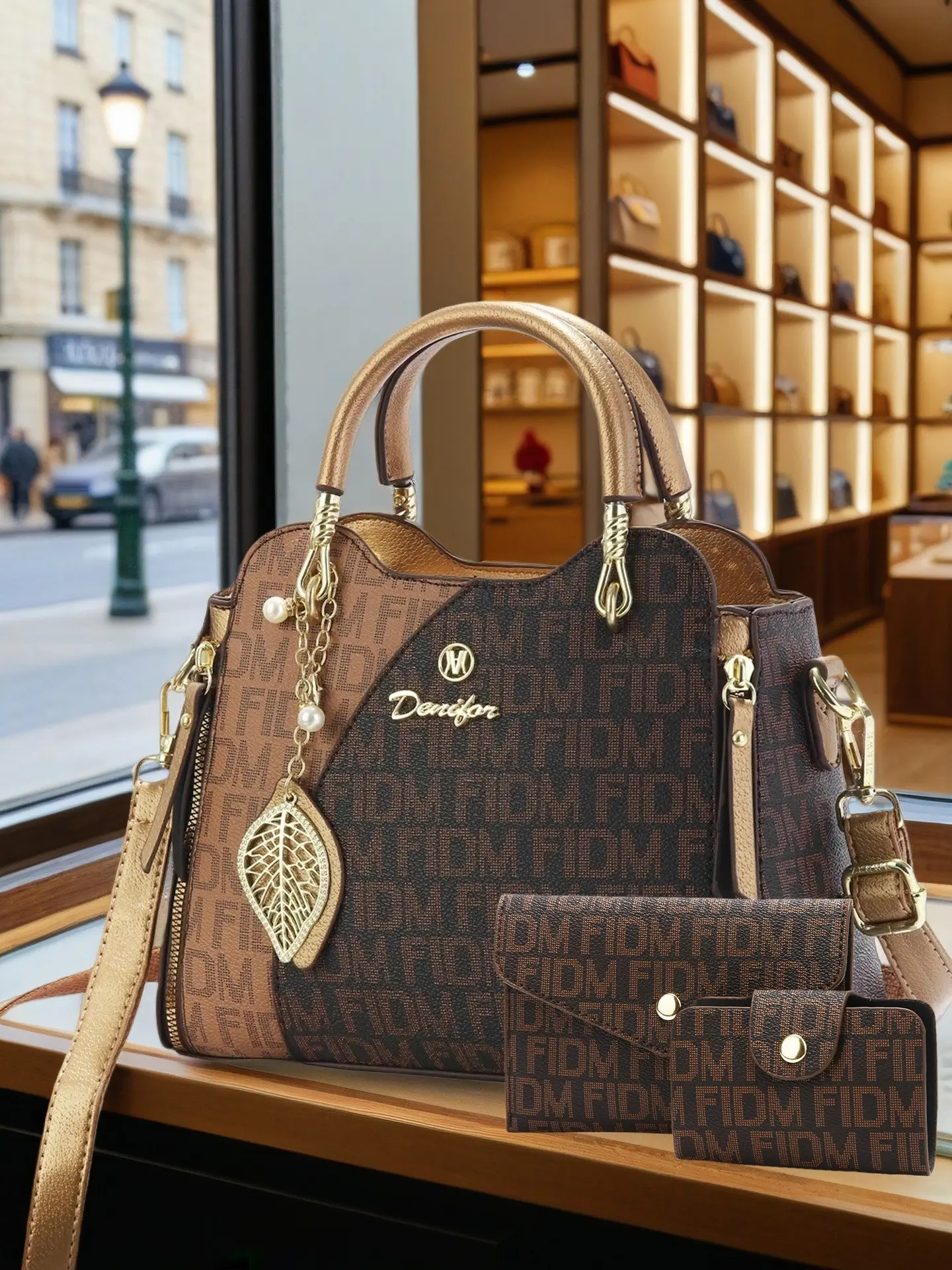 Luxury Letter Print Handbag for Women, Leaf Pearl Pendant Set, Casual Messenger Bag, All Seasons, PU Material, Versatile Shoulder Crossbody Bag