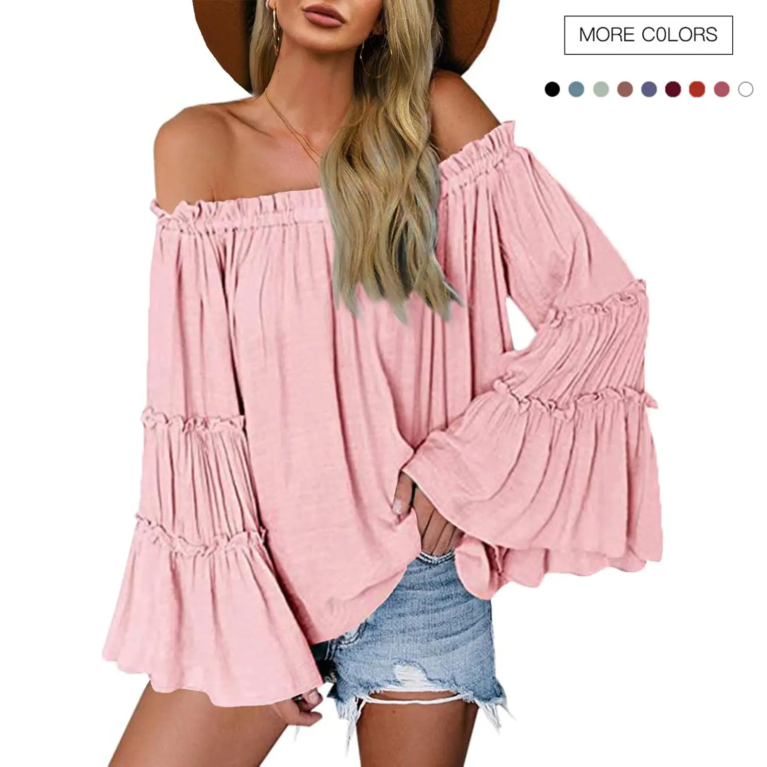 Women's Off Shoulder Blouse, Casual Solid Garment with Long Bell Sleeves & Pleated Ruffles, Perfect for Layering Outfits, Daily Style Inspo, Fashion Apparel, Off Shoulder Tops, Basic, Shirts, Gorgeous, Women's Clothes, Blouses For Women