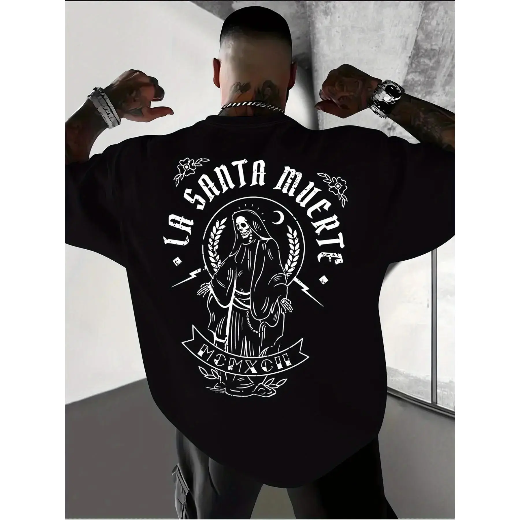 Men's Chicano Style Santa Muerte Skull Print Graphic T-Shirt - Vintage Loose Fit Streetwear Top, Round Neck, Mens Sports & Outdoor Clothing, Vintage Chic