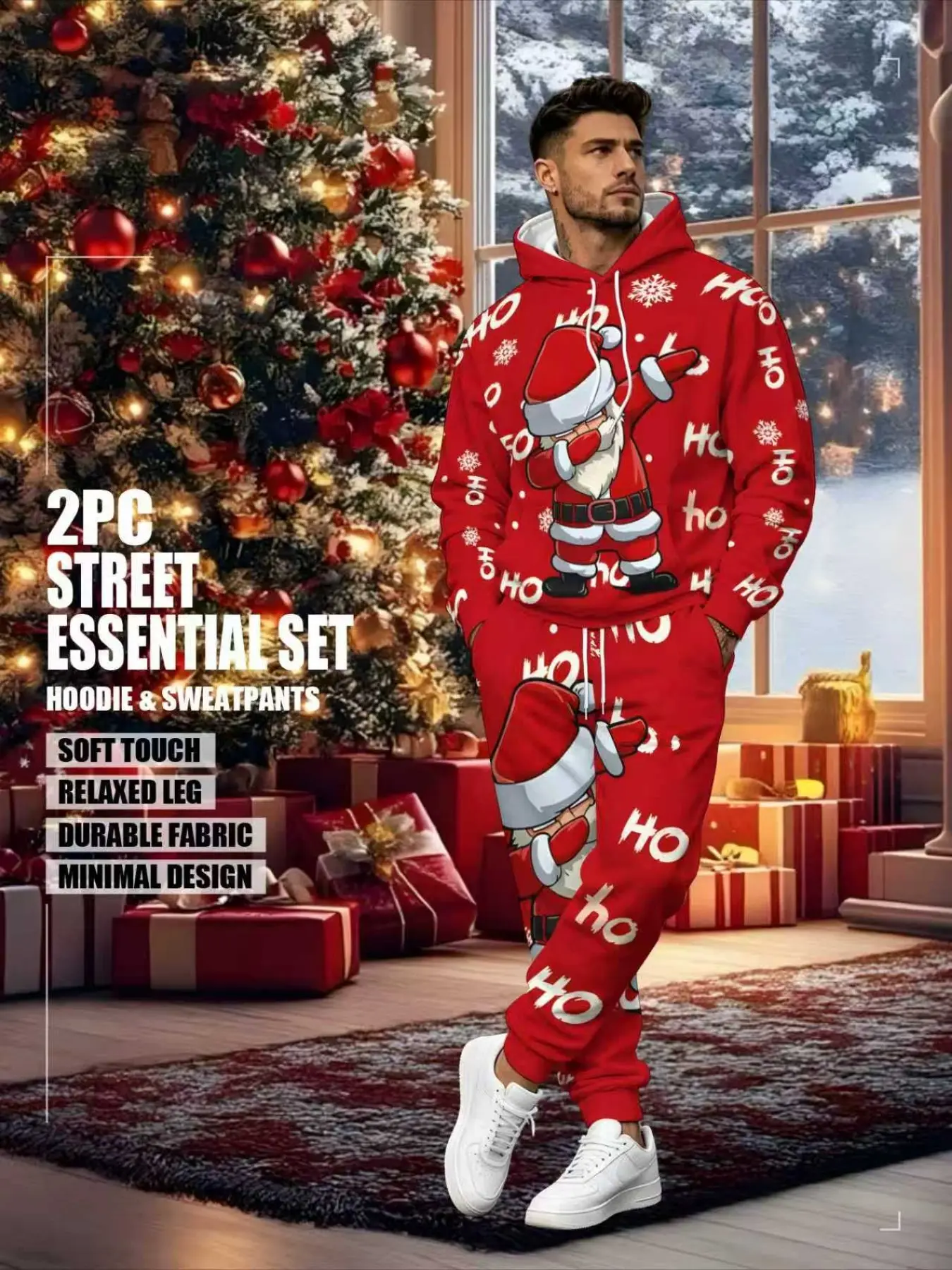 Men's Christmas Print Festive Hoodie Set, Sweat Set, Pants Set Outfit, Casual Long Sleeve Fitted Design, Drawstring Pocket Pants, Perfect Gift for Fall & Winter