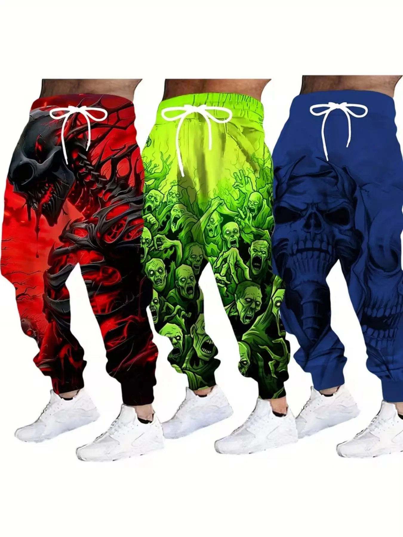 Men's 3D Skull Print Jogger Pants, Casual Fitted Long Pants, All Seasons Wear, 3-Piece Set, Unlined, All over Print Style