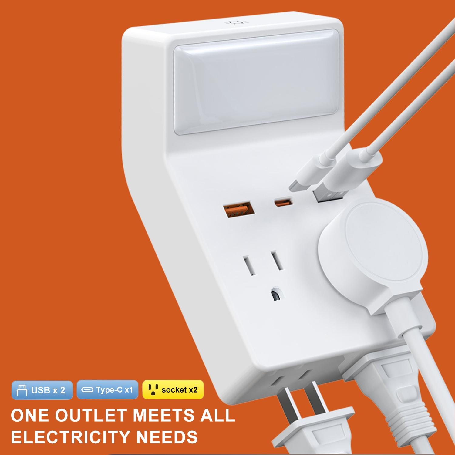 Wall outlet with night light, multi-functional socket converter with protection and extension, featuring 4 AC power sockets, 2 USB ports, and 1 Type-C port, suitable for home, office, and travel use plug