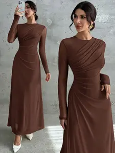 Women's Ruched Maxi Dress, Sheer Long Sleeve Mesh Formal Evening Gown, Elegant Modest Bodycon Dress for Wedding Guest & Parties