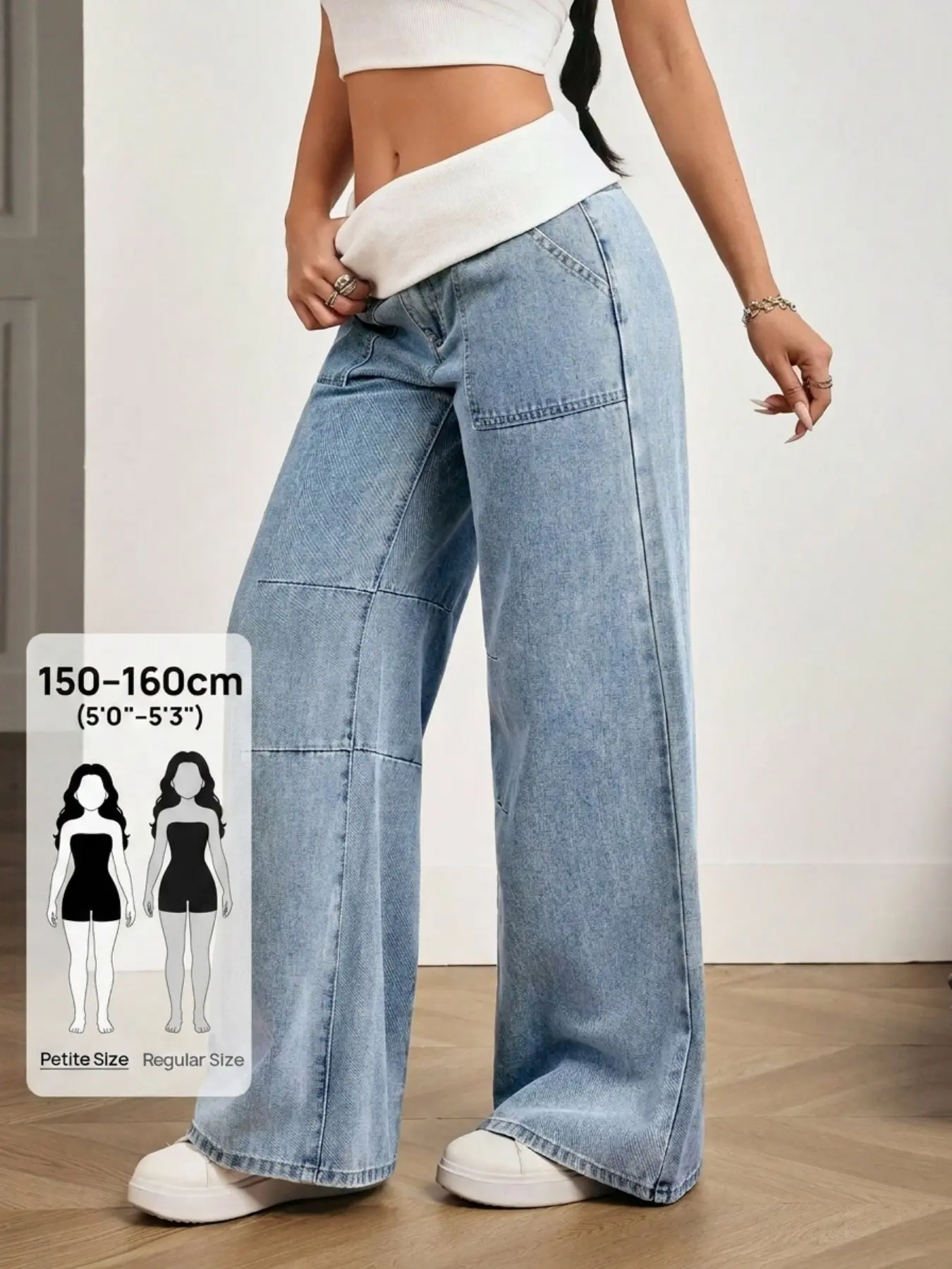 Light Blue Wide Leg Jeans, Folded Waist, Large Front Pockets, Loose Fit Straight Pants, Ideal for Daily Commute, Casual Dates, City Walks