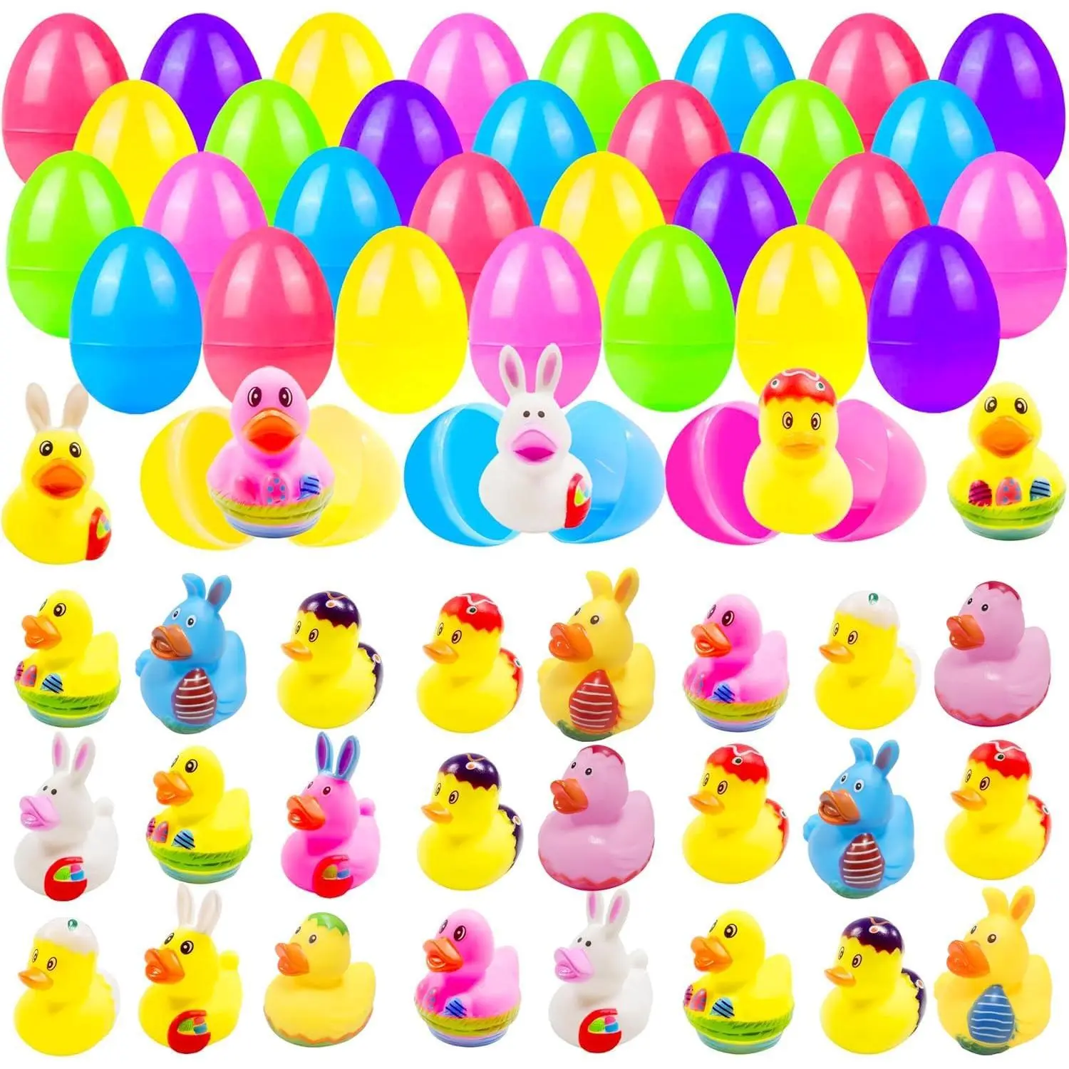 24 Pcs Prefilled Easter Eggs with Bunny Duckies,Bright Colorful Easter Eggs Prefilled with Variety Duckies  Fun Bath Bunny Duckies, Easter Basket Stuffers and Bathtub Toys Party Favors