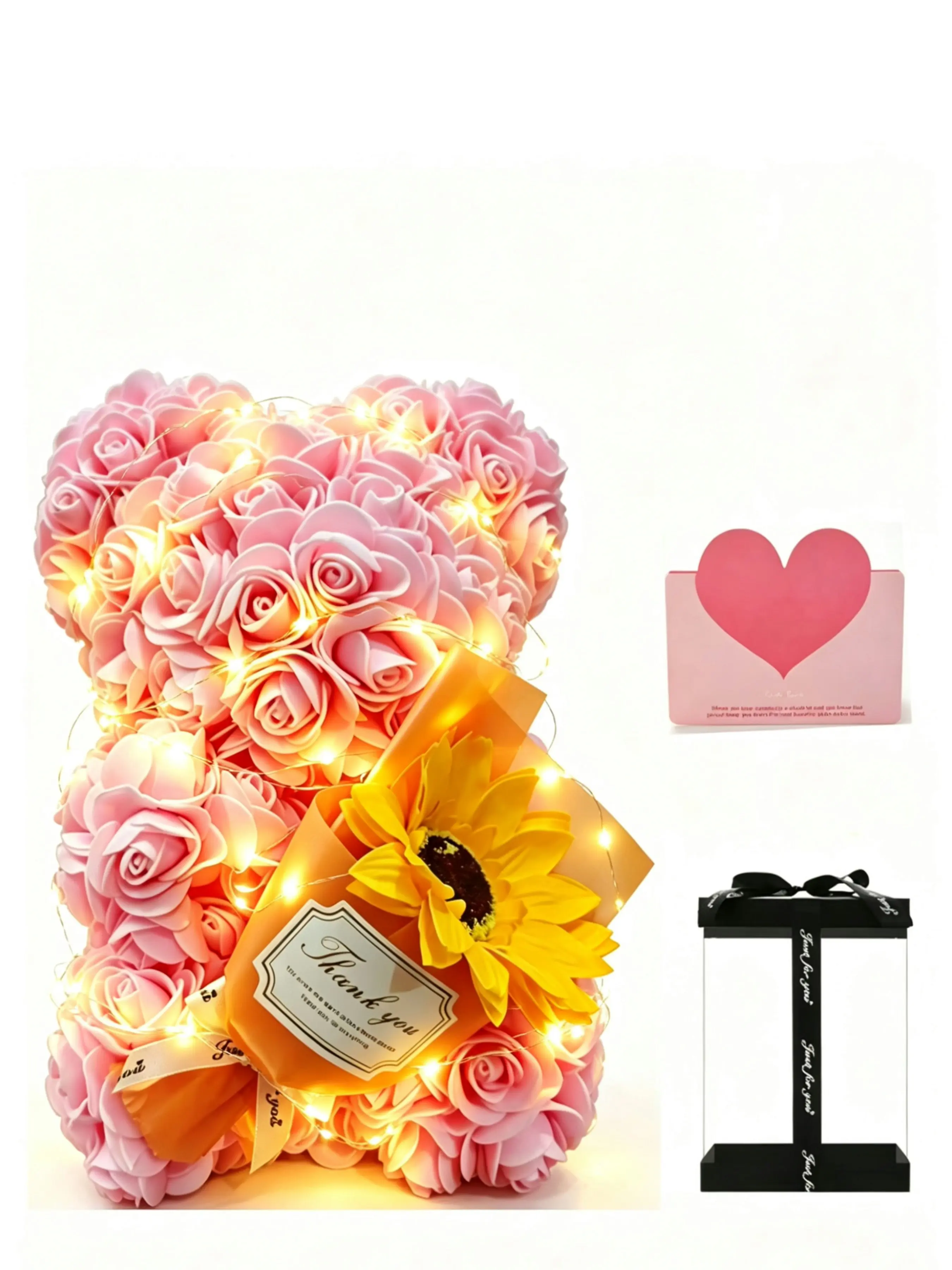 Handmade Sunflower Bouquet with Lights, Romantic Rose Bear Gift Box Set, Perfect for Mother's Day, Valentine's Day, Birthdays, Graduation