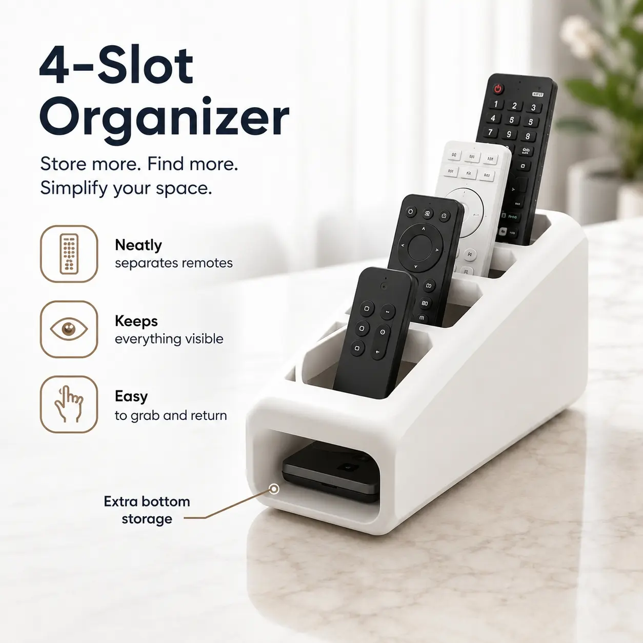 4-Slot Remote Control Organizer Holder with Bottom Storage, Multi-Compartment Desktop Remote Caddy for TV, Streaming & A/C Remotes, Living Room Bedroom Office, Desk Accessory